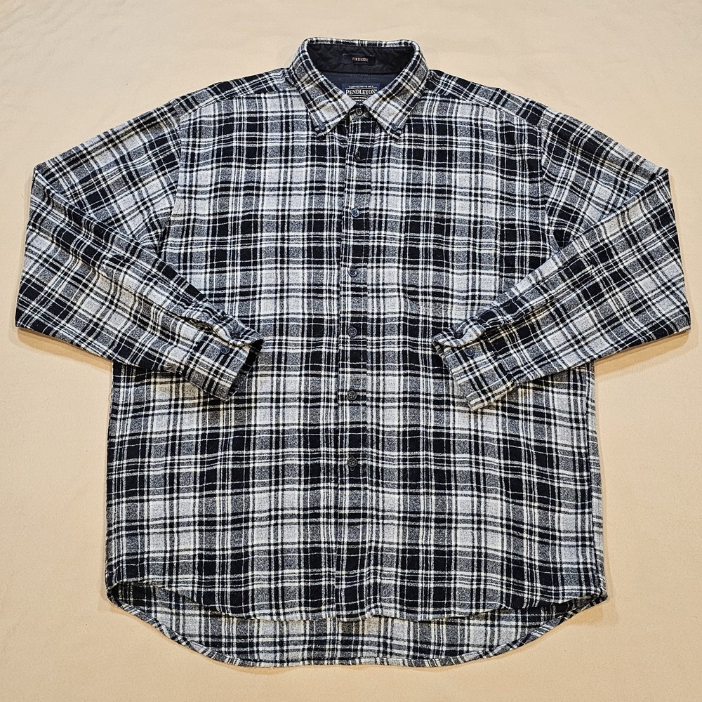 Pendleton Fireside Drummond Tartan Wool Flannel Plaid Black/White Button-down L